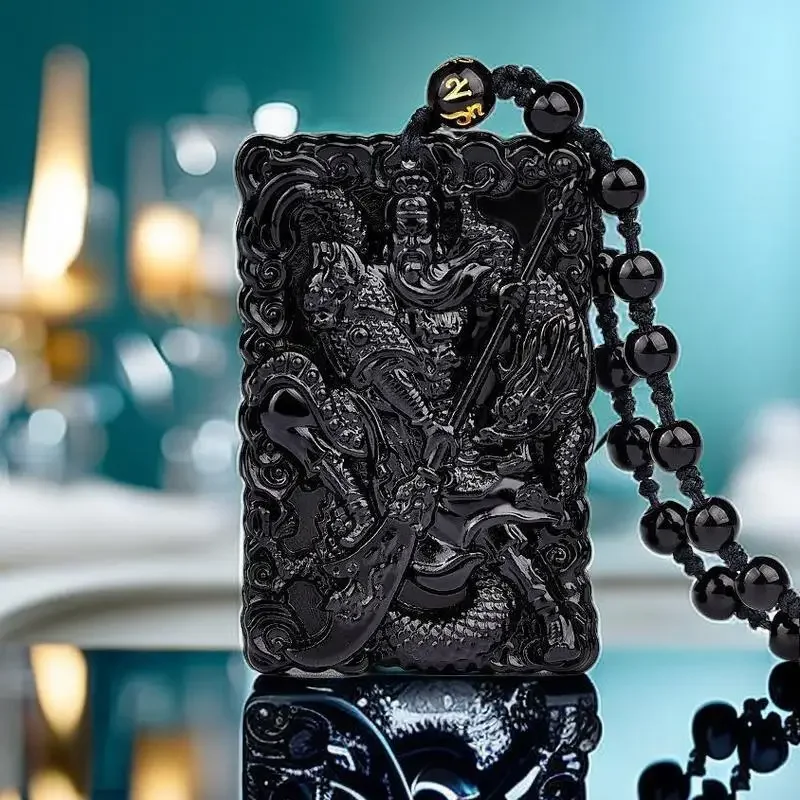 

Obsidian Guan Yu Pendant Black Carved Pendants Jewelry Talismans Gifts for Women Gemstone Necklace Vintage Natural Gemstones