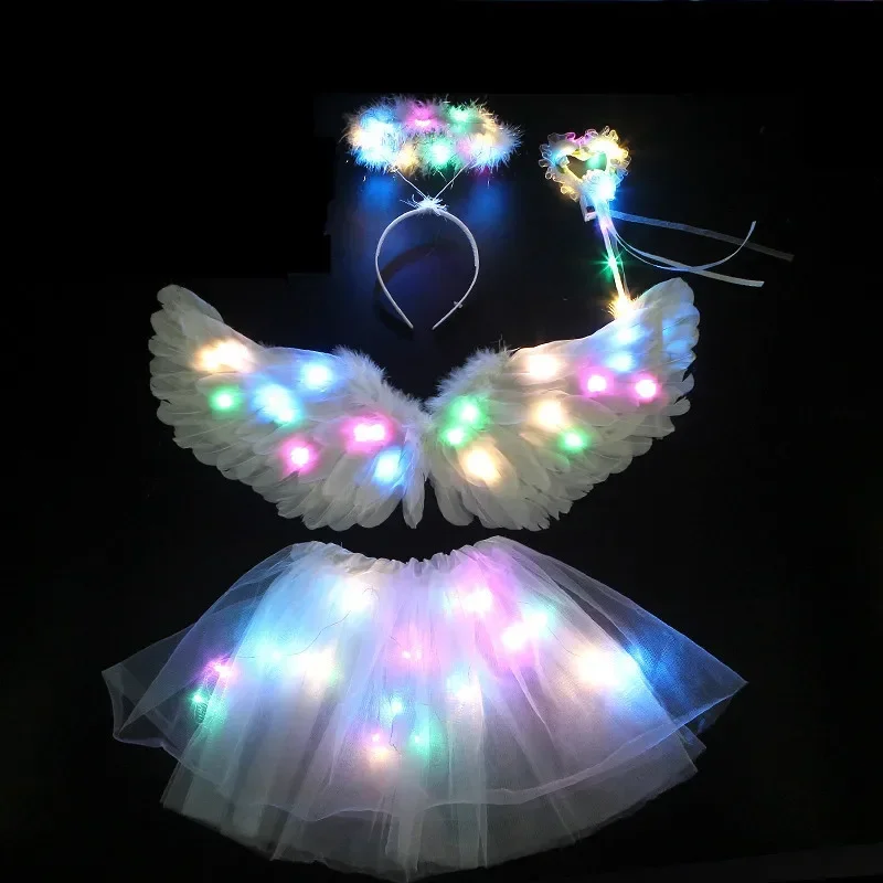 YOUYIKE Disfraz Hada Luminosa, Alas De Hada Niña LED Tutu Falda Tul Guirnalda Varita Mágica Orejas De Elfo Y Calcetines De Rayas Rosas Para Halloween Carnaval Fiesta Cumpleaños Hada Cosplay