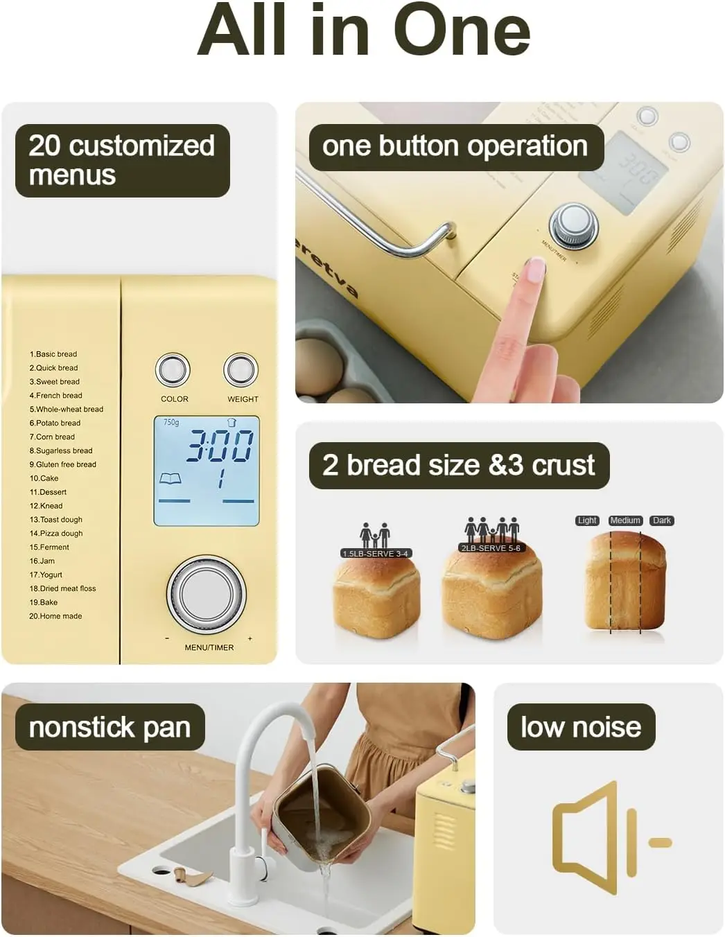 20-IN-1 Bread Maker, Dual Heater 2LB Bread Machine BPA-Free Material & Nonstick Ceramic Pan Compact Bread Maker Machines 2