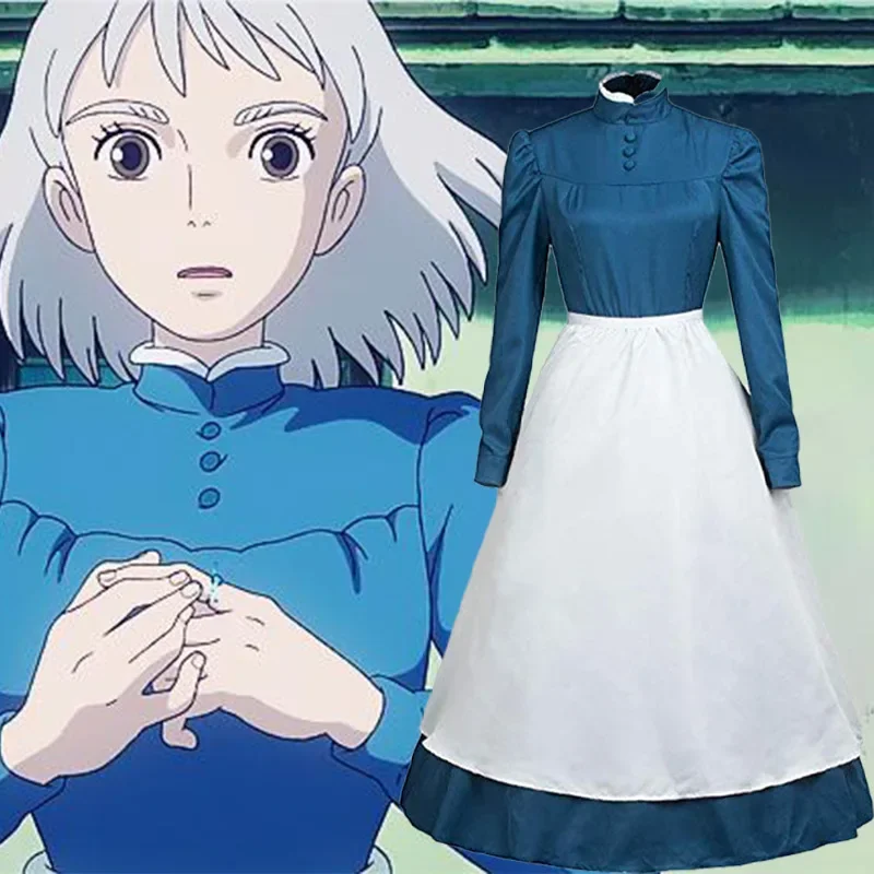 2021 Donne New Anime Howl Moving Castle Hatter Wizard Howl Sophie Cosplay Blue Manica Lunga Cameriera Dress Halloween Fancy Costume