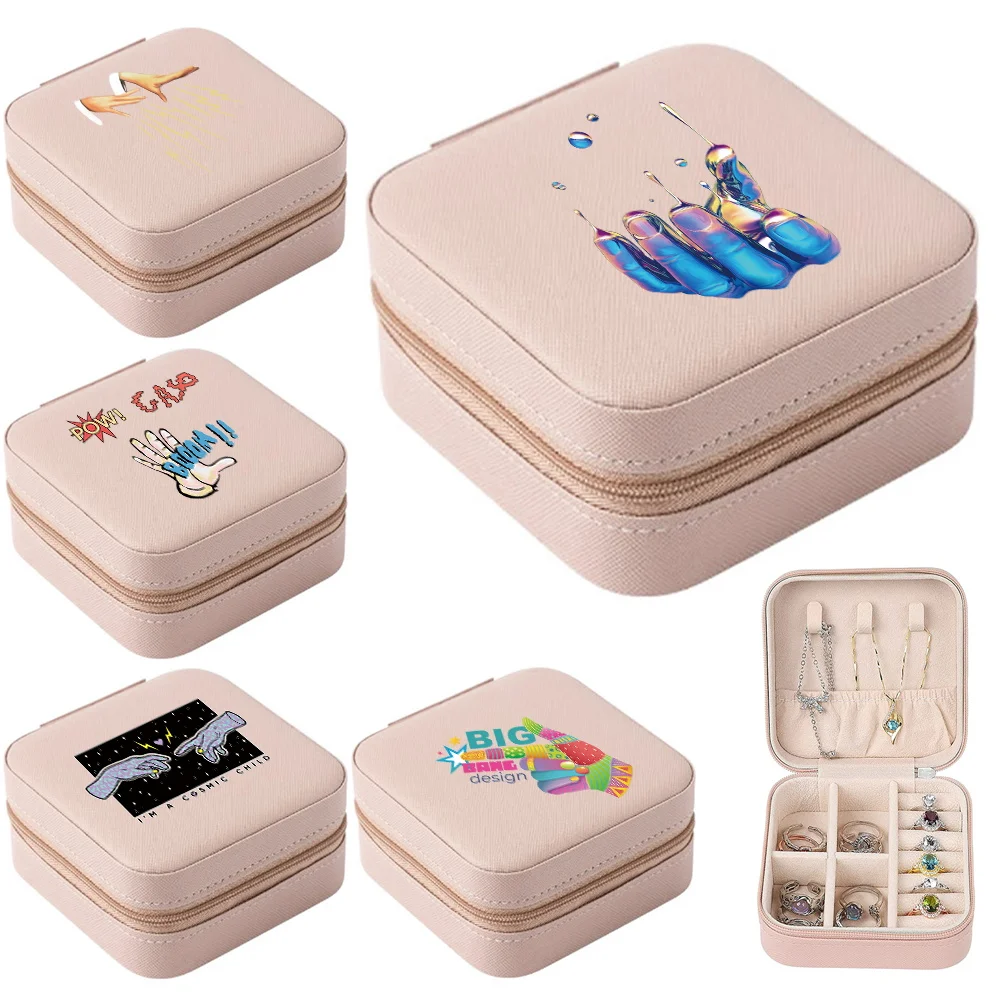 

Portable Jewelry Box Hand print Jewelry Organizer Display Travel Jewelry Case Boxes PU Leather Storage Zipper Jewelers Gifts