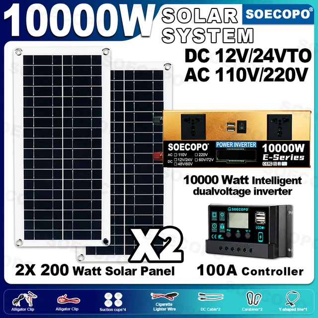 SOECOPO 10000W ชุดพลังงานแสงอาทิตย์ที่สมบูรณ์แบบ 2 × 200W แผง 100A Controller DC 12 V/24 V ถึง AC 110 V/220 V อินเวอร์เตอร์เหมาะสําหรับ Home Camping รถ 1