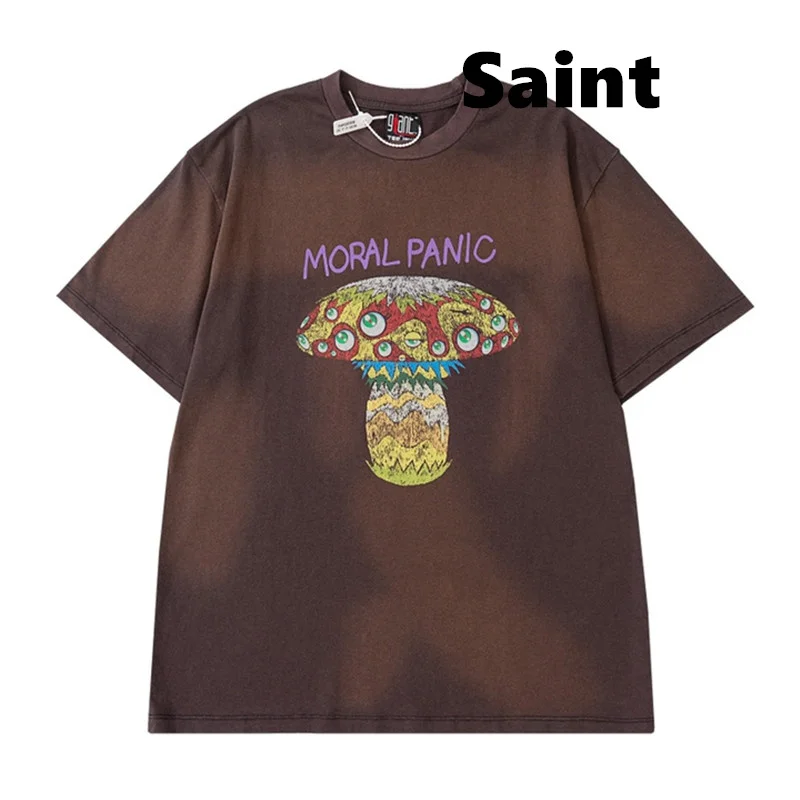 

2024 Saint Michael Summer T-shirt for Men Breathable Cotton Mushroom eye print Top Quality Loose fitting style White Color