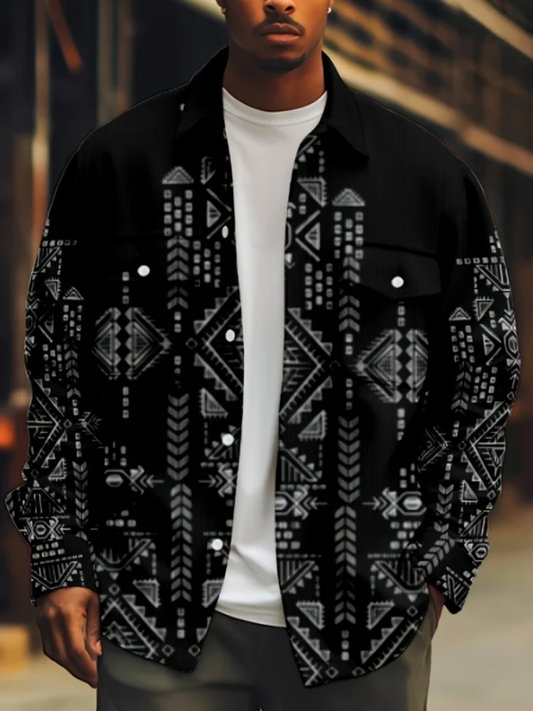 

High quality corduroy brown men's jacket with multi-pockets geometric print jacket men's suit lapel Korean style casual wear
