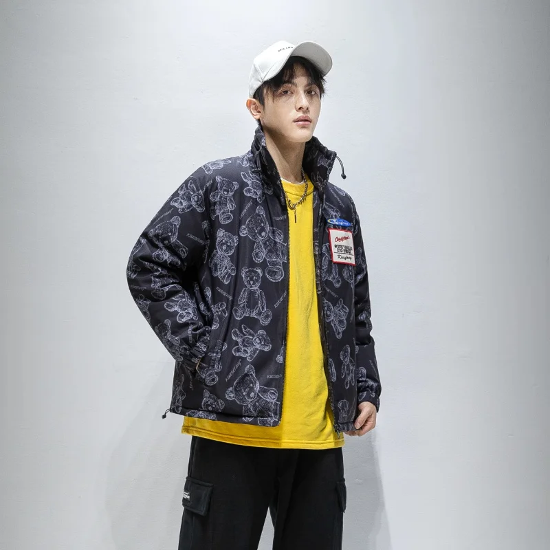 

Winter Korean Jacket Thicken Hoodies Couple Coat Warm Cartton Bear Loose Stand Collar Short Design White Duck Down