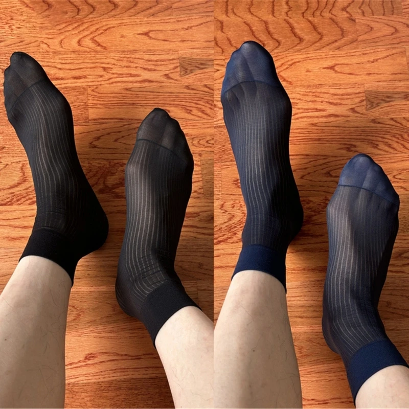 Mens Business Soft Breathable Nylon Sheer Dress Short Socks Thin See Through Silk Striped Ankle Socks for Formal Use