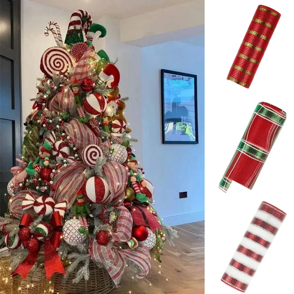 26cmx10Yard Christmas Red White Metallic Mesh Ribbon Xmas Tree Candy Cane Decoration Ornament DIY Wreath Bow New Year Decor christmas tree decoration