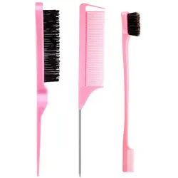 Styling Brush Set: Versatile Hair Brush, Precision Edge Tool, and Durable Parting Comb (Pink)