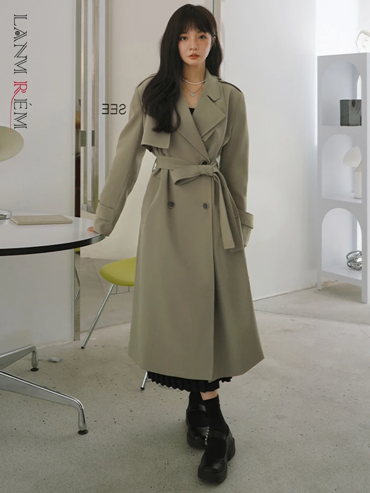 

LANMREM Solid Color Trench Coat Women 2024 Spring New Lapel Double Breasted Loose Long Windbreaker Korean Style Clothing 2R7866
