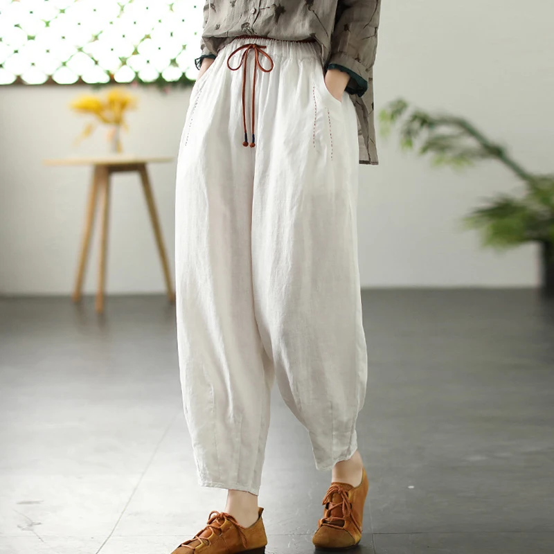 

NINI WONDERLAND 2023 Spring Linen Patchwork Casual Harem Pants Summer Women Elastic Waist Spliced Vintage Trousers Ankle Length