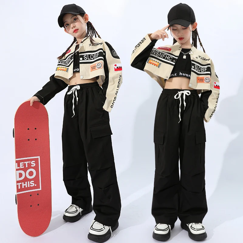 

Tops Black Joggers Pants for Girl Boy Jazz Dance Costume Clothes Kids Teenage Hip Hop Clothing Motocycle Coat Racing Crop Jacket