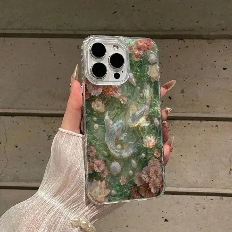 Shiny Green Koi Fish Flower Water Ripple Shell Anti Drop iPhone 16 17 Pro Max