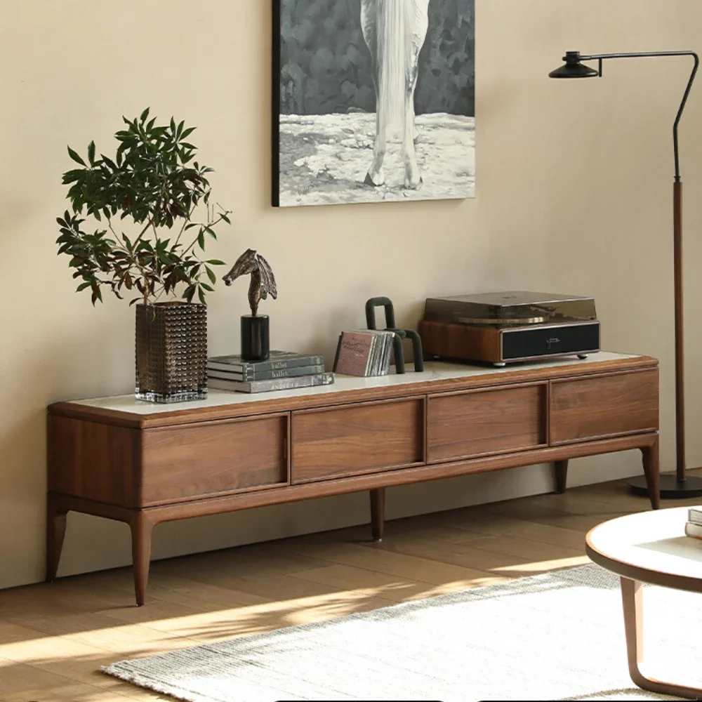 

Light Luxury Black Walnut Stone Plate TV Cabinet and Tea Table Combination Minimalist Style Living Room Solid Wood Complete Set