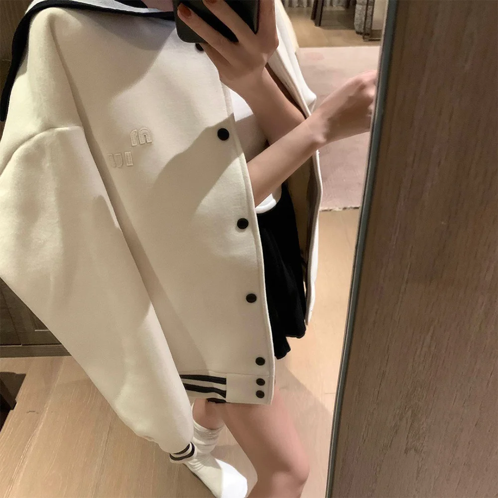 

MM 2023 Autumn Winter New Polo Collar Embroidered Woolen Coat Women's Fashion Versatile Single Breasted College Style Jacket