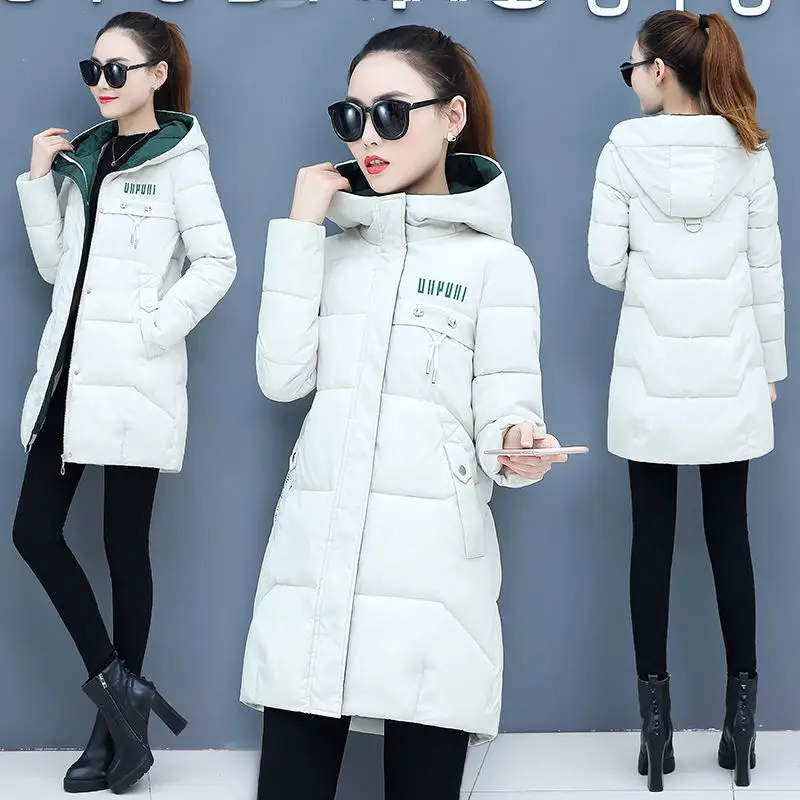 

Winter Mid Length Jacket Women's Thickened Cotton Coats Korean Version Slim Hooded Fashiona Parkas Windproof Overcoat 2023 New