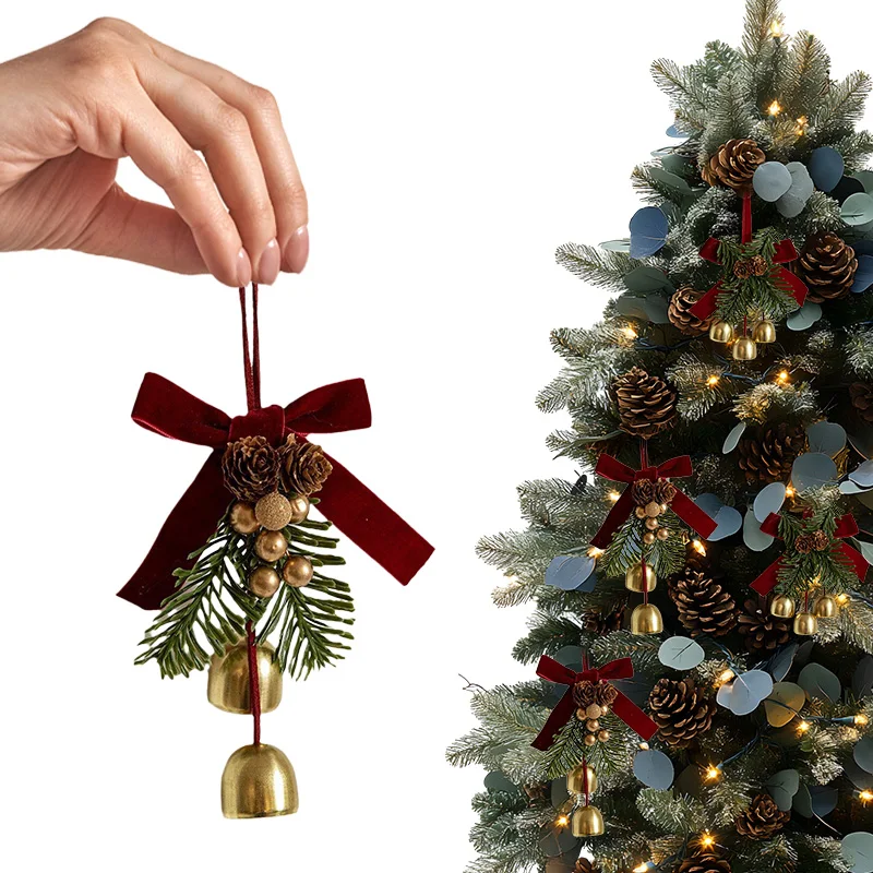 Christmas Jingle Bell Hanger with Velvet Bow and Pine Cones Xmas Tree Pendant 2025 Christmas Home Door Decoration New Year Gifts