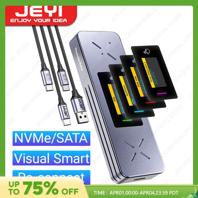 JEYI 비주얼 스마트 M.2 NVMe / SATA SSD 인클로저, USB 3.2 Gen 2 10Gbps, 외장 M2 어댑터 케이스, 지지대 M-키 B + M 키 UASP 트림