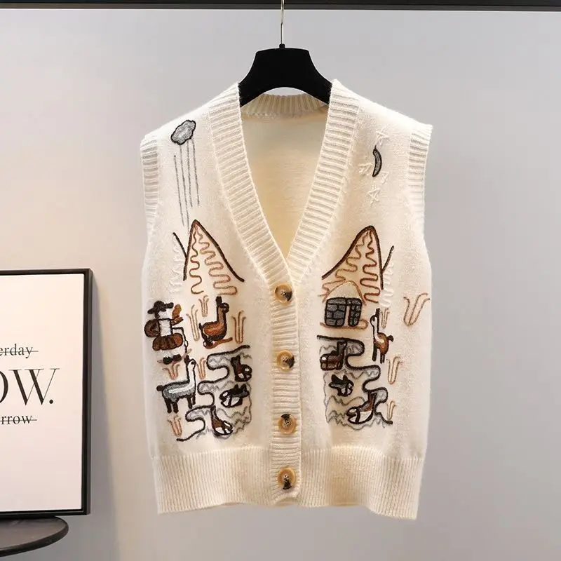 

Womens V-neck Knitted Sweater Vest Cardigan Outerwear 2023 Autumn New Loose and Thickened Sweater Female Casual Tops