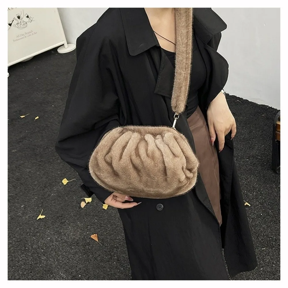 Cute Large Capacity Crossbody Bag Wrinkle Relaxed Texture Mink Fur Ladies Handbags Solid Color Shoulder Bag Female