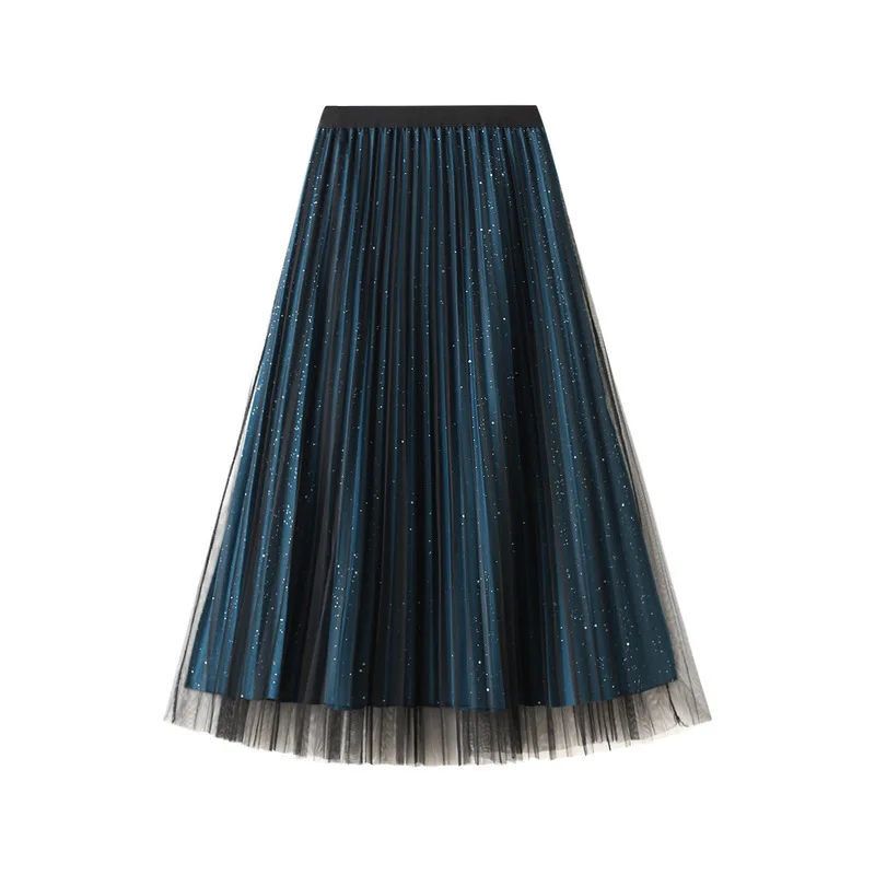 Blue Sequined Tulle Skirts Women 2022 Autumn Winter Shiny Bright Side