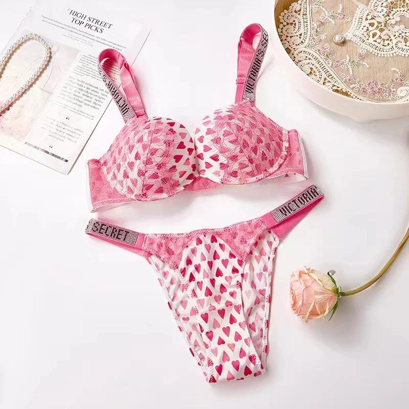 

Pink Bra Set 2024 New Victoria's Secret Bra Set Push-Up Love Print Letter Underwear Breathable Adjustable Size: 34-36-38BC