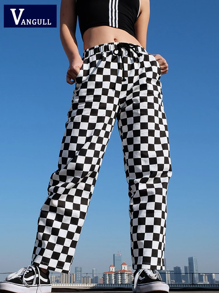Vangull Casual Black White Plaid Pants Womens High Waist Checkered Straight  Loose Pants Female Elastic Waist Trousers Sweatpants - Pants u0026 Capris -  AliExpress