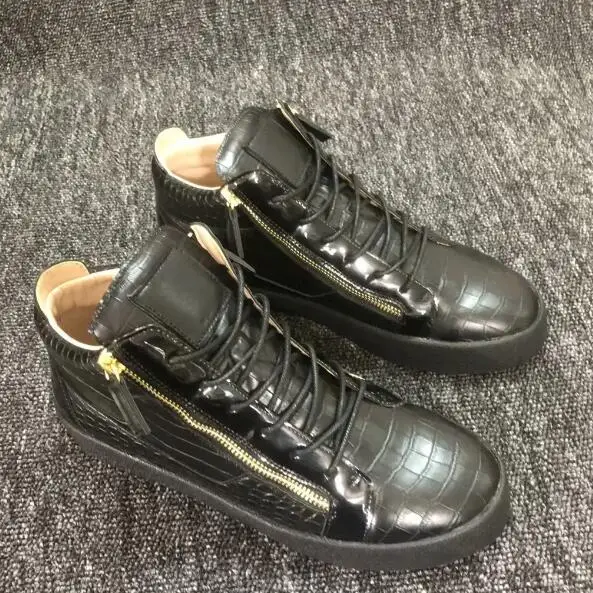 High Top Stone Pattern Men Loafer Leather Lace-Up Zipper Youth Sport Shoes Fashion Round Toe Flats Sneakers Man Black Color 6