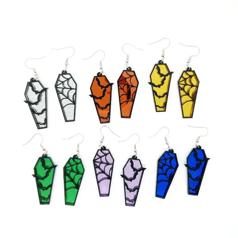 

Earrings Silver Mirror Geometry Bat Coffin Plating Unique Acrylic Spiderweb Coffin Earrings Creative Hollow Bat Earrings Earring