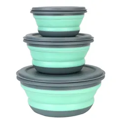 Silicone Collapsible Bowl Set with Lids - Portable and Space-Saving Lunch Containers (Set of 3) (Green)