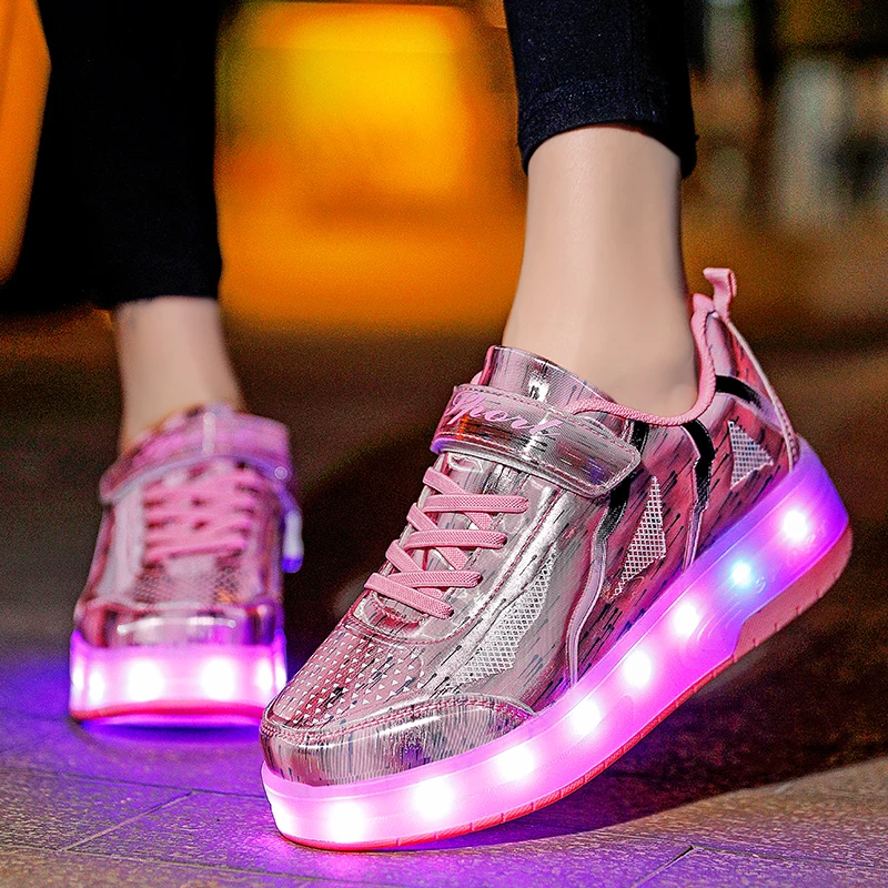 Designer Luxe Kinderen Twee Wielen Lichtgevende Gloeiende Sneakers Led Licht Rolschaats Schoenen Kids Jongens Meisjes Usb Opladen Sneakers