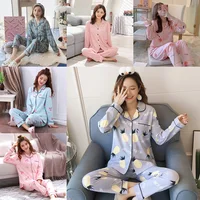 Women Two Pieces Spring and Summer Cardigan Pajamas Long-Sleeved Pants Ladies Cartoon Cute Floral Casual Simple Homewear 1