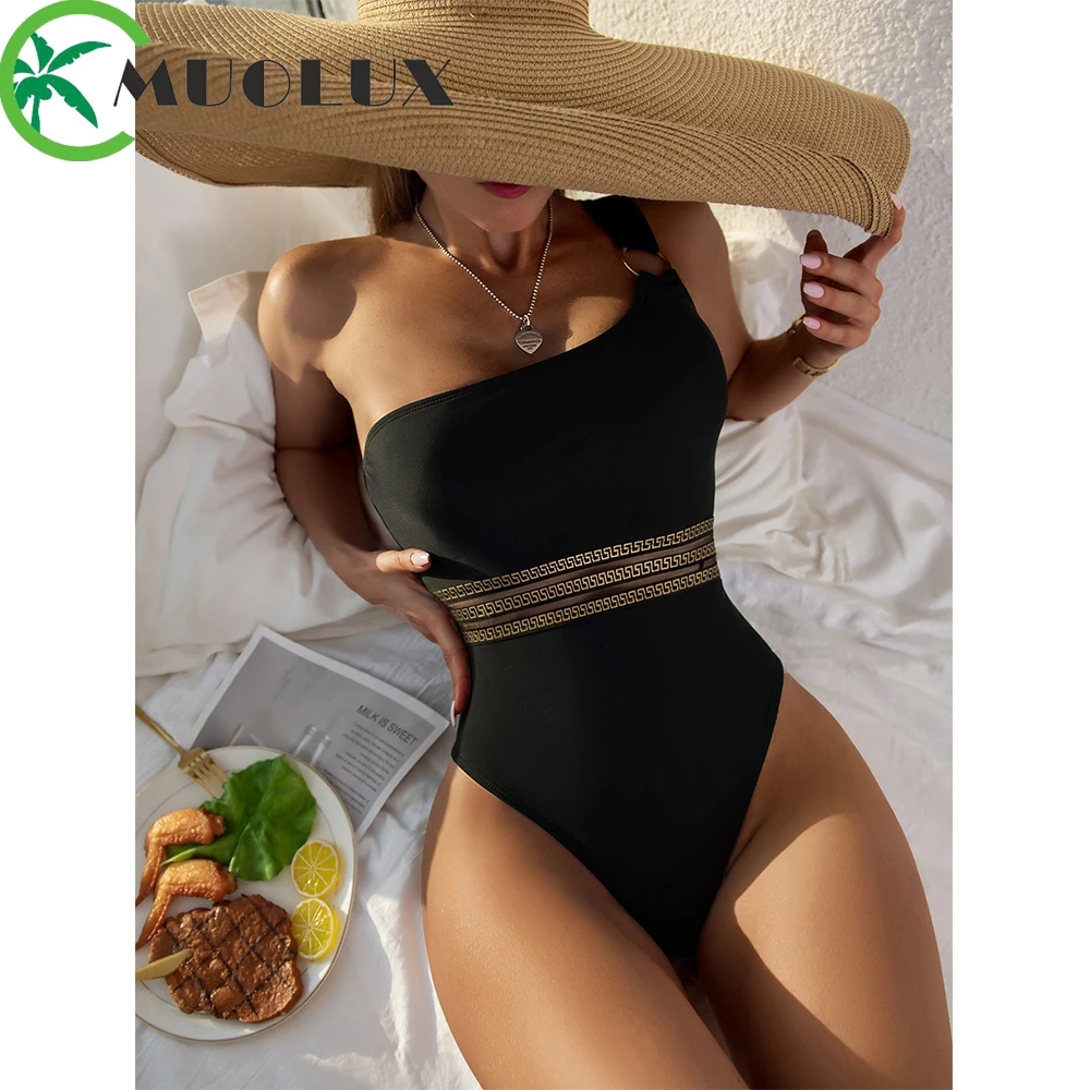 

MUOLUX 2023 New Black One Shoulder Swimwear Women Sexy One Piece Swimsuit Solid Vintage Monokini Bathing Suit Slimming Beachwear