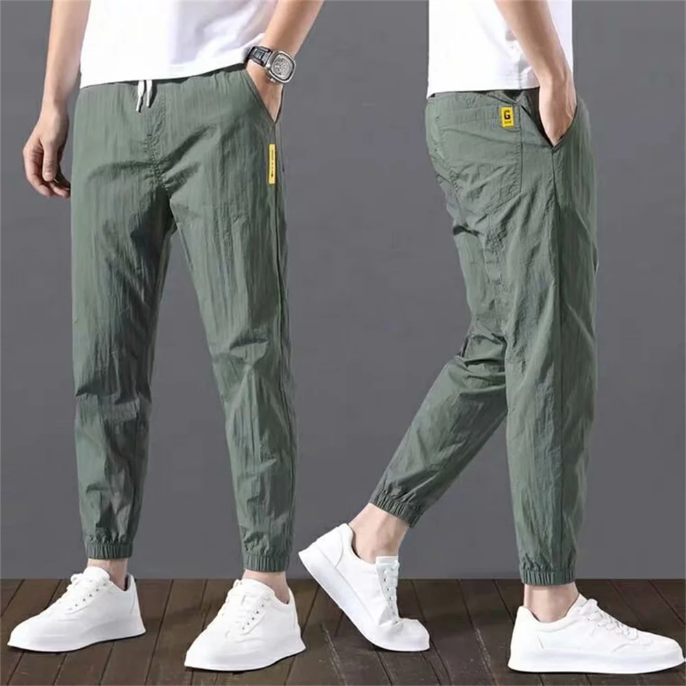 Men's Cotton Linen Pants Summer Cool Casual Long Pants Ice Silk Pants Slim Straight Sports Pants Jogging Pants Men Gym Trousers