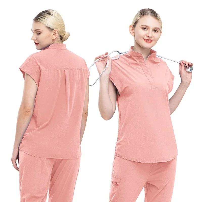 Stand Collar Short Sleeve Long Pants Scrubs Set Unisex Work Uniform for Doctors Nurses Cleaners Janitors and Sanitation Workers