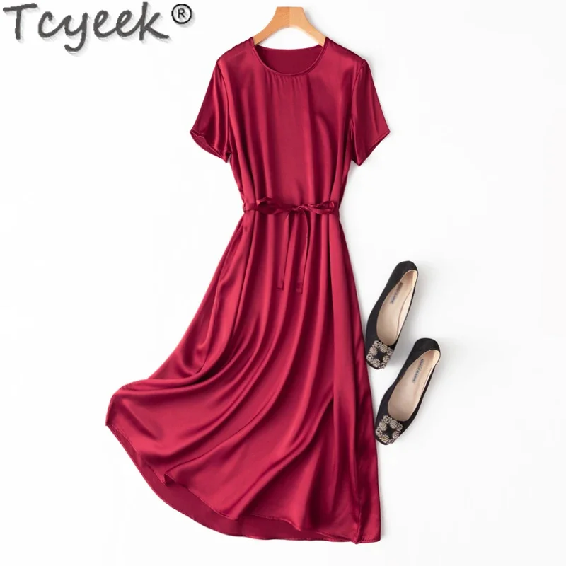 

20MM Tcyeek Mulberry for Women 2024 Spring Summer Clothes Elegant Women's Dress 100% Silk Midi Dresses Lace-up