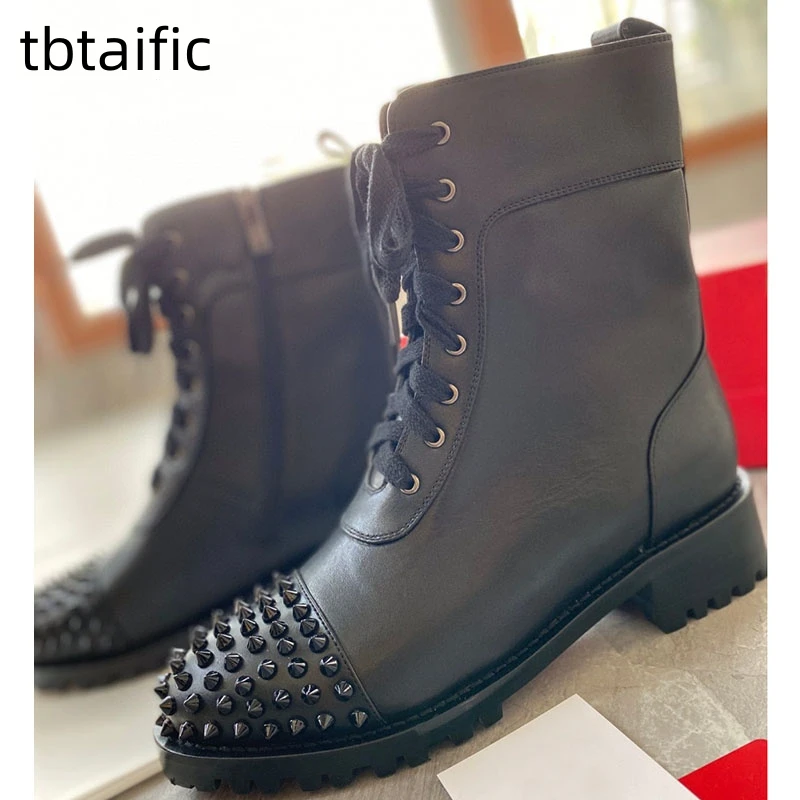 

Designer Real Leather Lace Up Combat Boots For Women Rivet Studded Chunky Heel Short Boots Winter Motorcycle Boots Martin boots