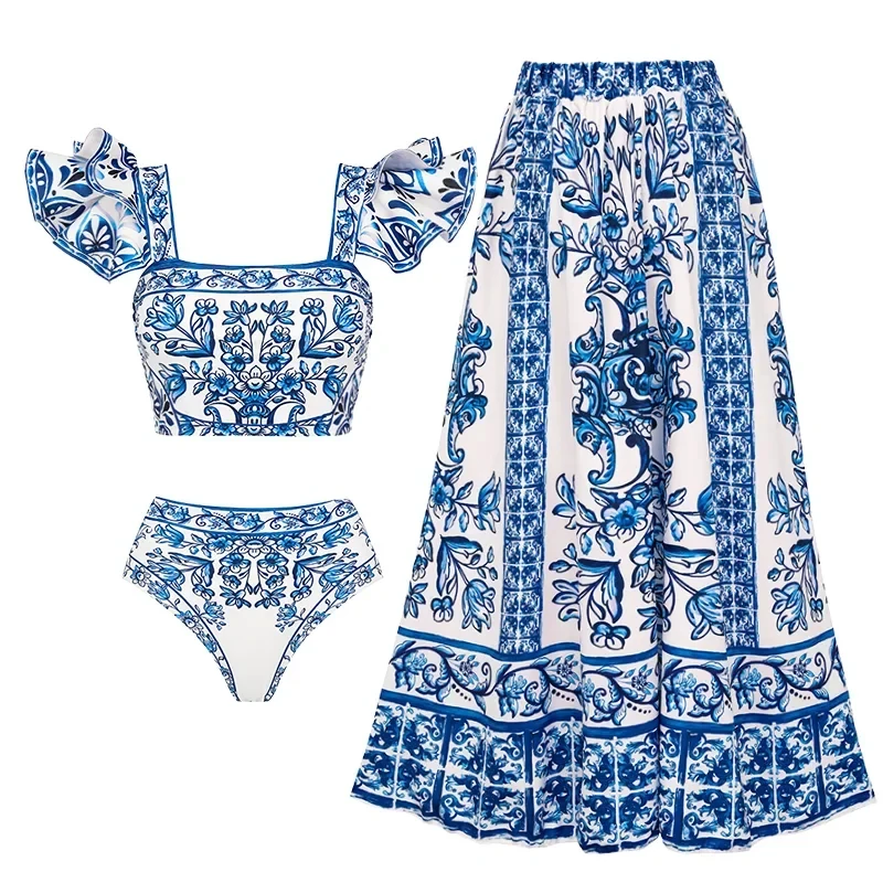 

2024 New Ruffle Blue and White Porcelain Pattern Majolica Print Bikini Swimsuit and Sarong Swimwear Women Beachwear Bathing Suit