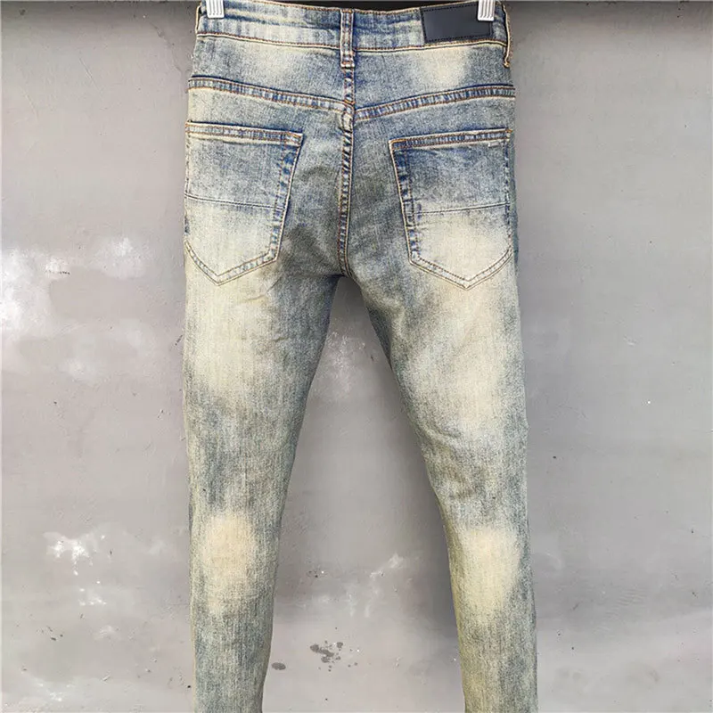 Men Jean Hole Patch Ripped Jeans Stretch Pencil Pant Streetwear Elastic Hip Hop Star Pattern Jean men jeans ripped jeans ripped patchwork jeans