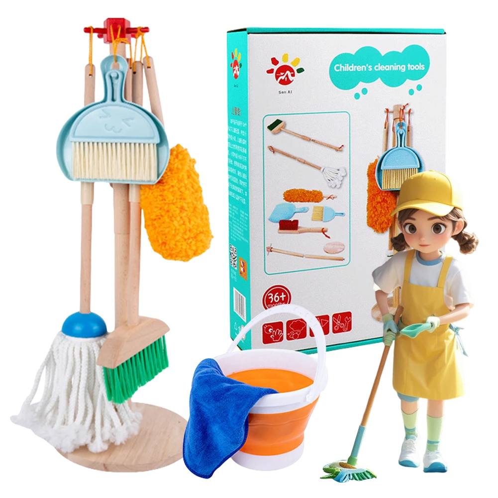 Wooden Kids Cleaning Set with Kids Broom and Mop Set Housework Pretend Play Toy Housekeeping Play Gift for Toddlers