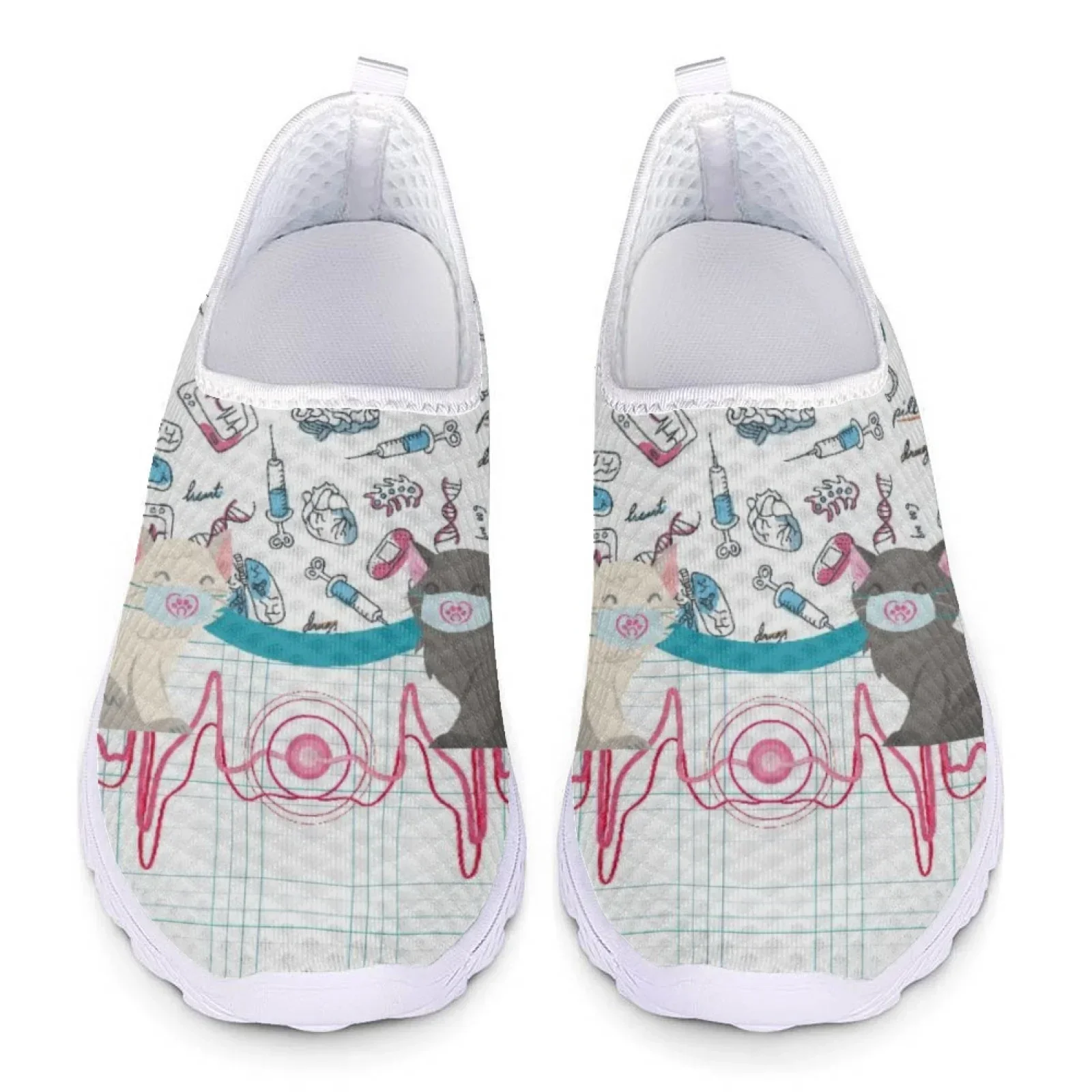 Cute Cat And Medical Tools Cartoon Female Flat Shoes ECG Cats With Mask Printed Women Mesh Sneakers Slip-on Loafers