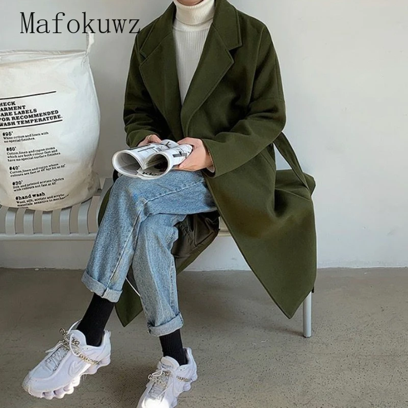 Spring Autumn Mid-length Woolen Overcoat Men's Solid Casual Loose High Street Personality Windbreaker Jackets Male Clothes