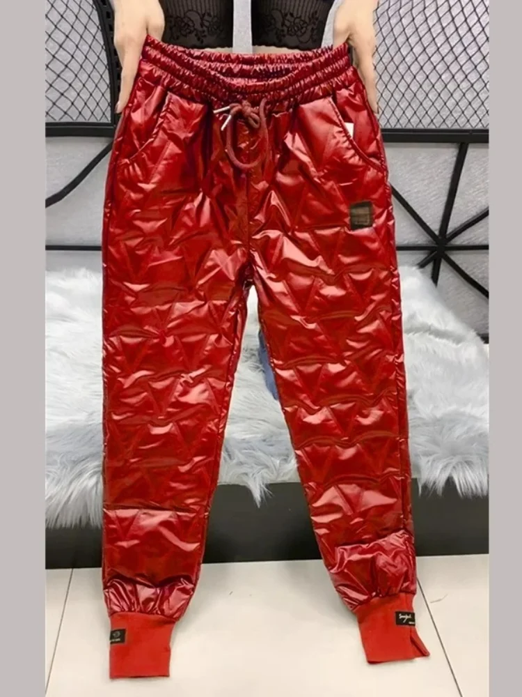 Women's Outdoor High Waist Thiened down Trousers Winter Warm Waterproof Cuffed Cotton Pants Korean Sle Commute Wind