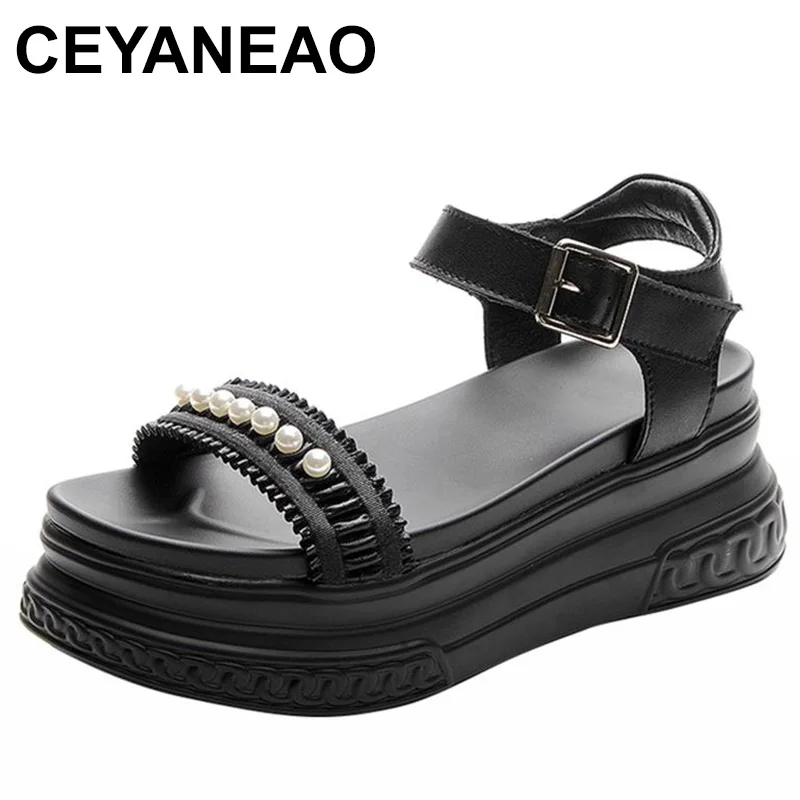 

Pearls Deco 7cm Platform Design Women Wedge Sandals Genuine Leather Buckle Women Breathable Slippers Summer Ladies Chunky Shoes