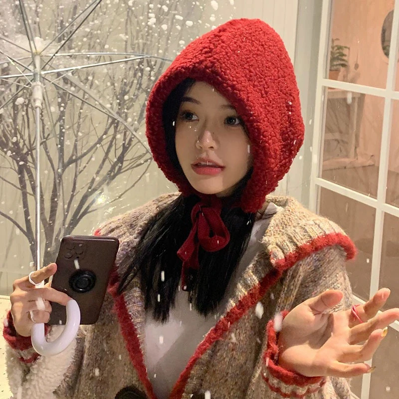 Winter Warm Plush Beanie Hat for Women Cute Ear Protection Lacing Strap Casual All-match Winter Cap Trendy Women's Headwear
