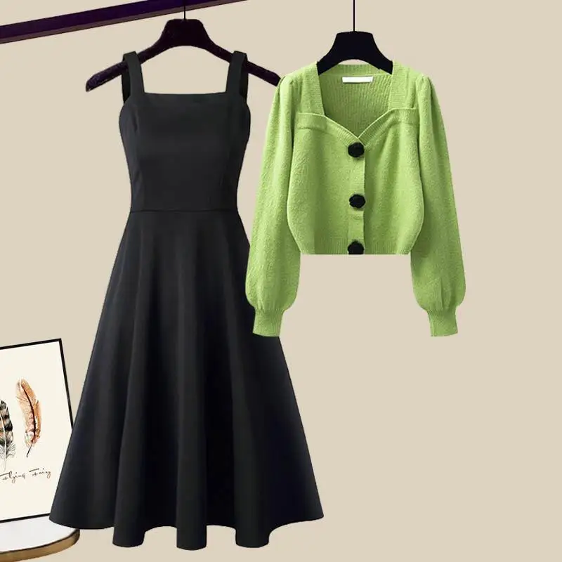 2023 Autumn Winter New Fashion Knit Sweater Top+Black Dress Two Piece Set Women's Korean Elegant Cardigan Blouse Midi Skirt Suit