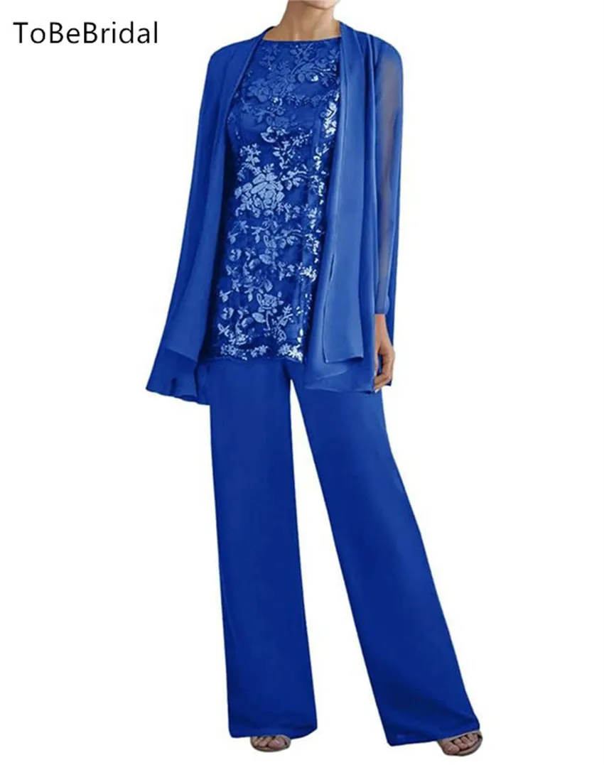 Mother Of The Bride Dresses Plus Size 3 Three Pieces Suits Pants Long Sleeve Embroidery Lace Jacket Evening Dresses Customized