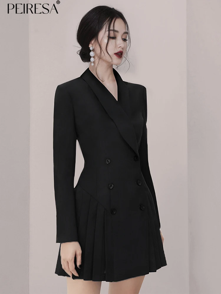 

PEIRESA 2023 Early Autumn Office Lady Blazer Dress Women Lapel Long Sleeve Bodycon Pleated Slim Waist Short Dresses Vestidos