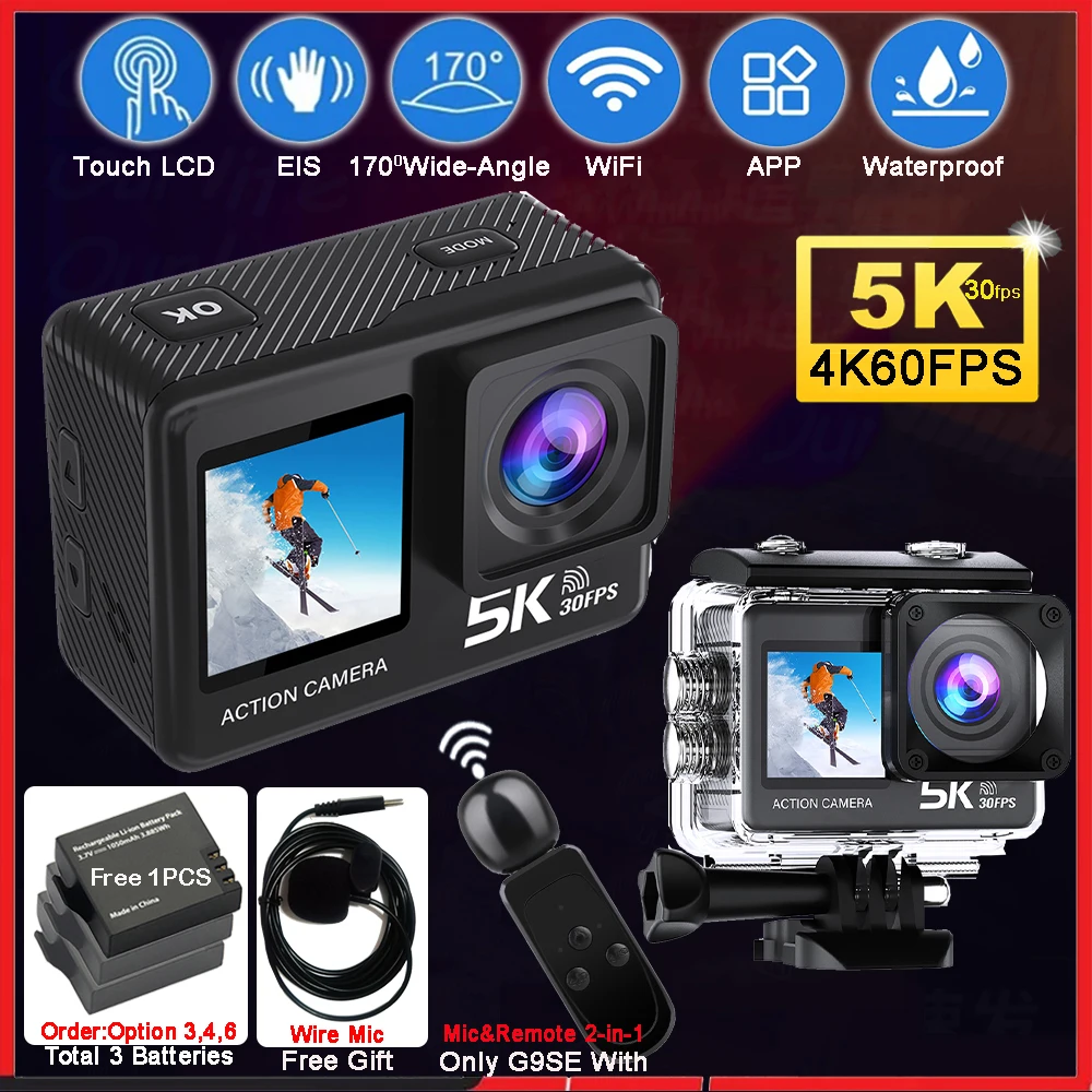 G9SE Action Camera 5K30fps 4K60fps 50MP 2.0 Touch LCD EIS DVR Webcam Dual Screen Wi-Fi 170D Waterproof 30M 5X Zoom Sports Camera