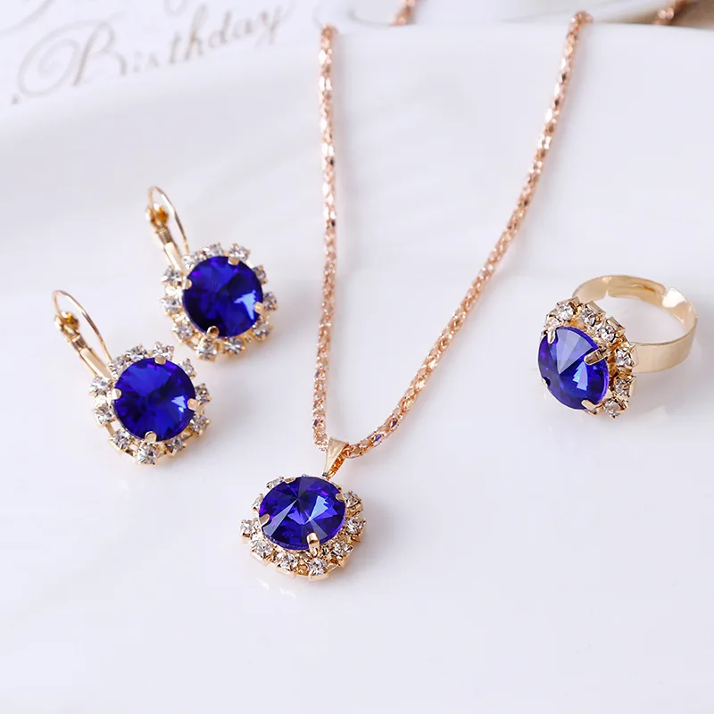 Fashion Jewelry Set for Women Round Crystal Pendants Earrings Ring Sets Bridal Decoration Colorful Three Piece Gifts