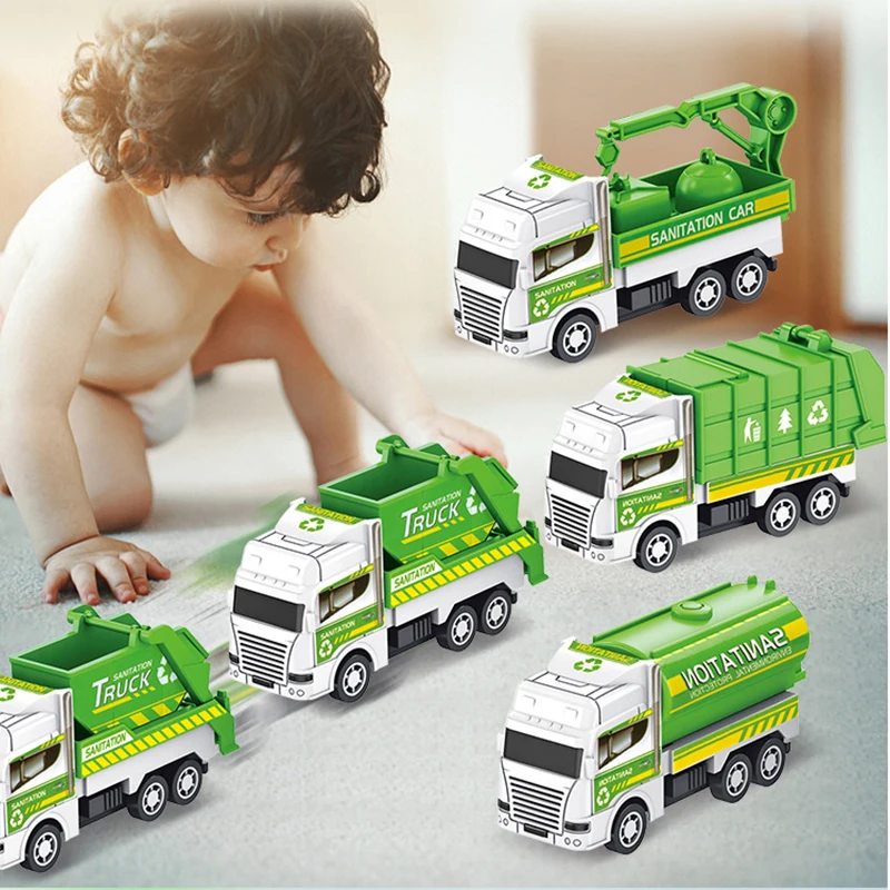 

4PCS Simulation Metal Diecasts Sanitation Series Vehicles Modle Car Toy Pull Back Garbage Truck Birthday Gift for Children